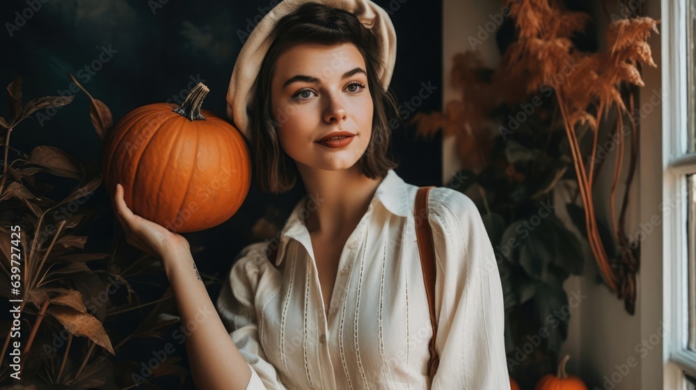 Naklejka premium a candid photo of happy woman wearing blank White canvas tshirt with autmnal halloween themes