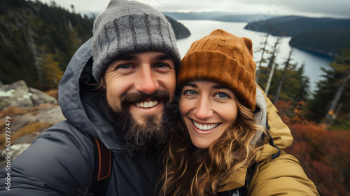 there is a man and woman taking a selfie on a mountain Generative AI