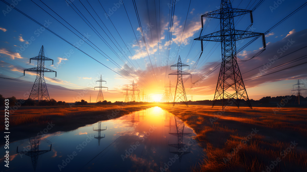 arafed power lines and power poles in a field at sunset Generative AI