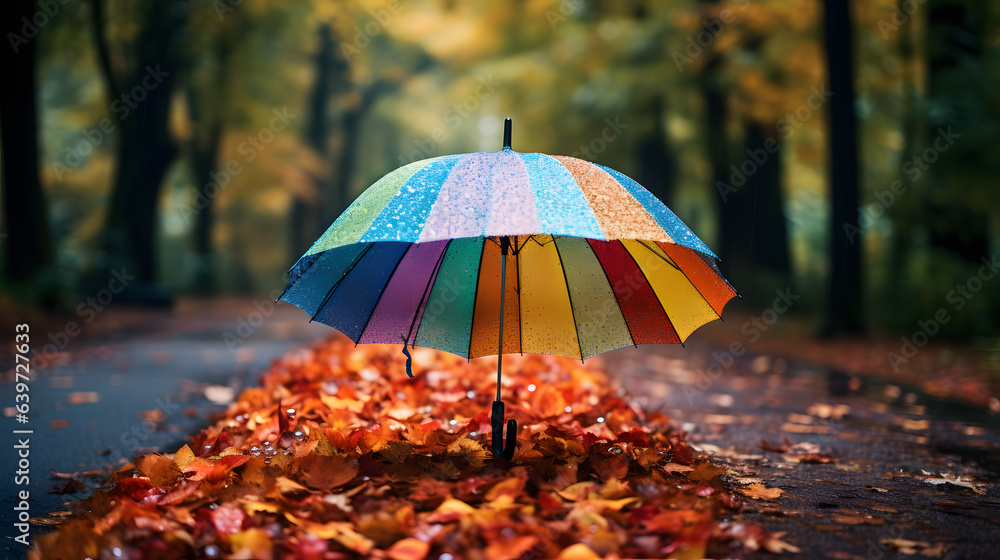 there is a colorful umbrella sitting on the ground in the middle of the leaves Generative AI