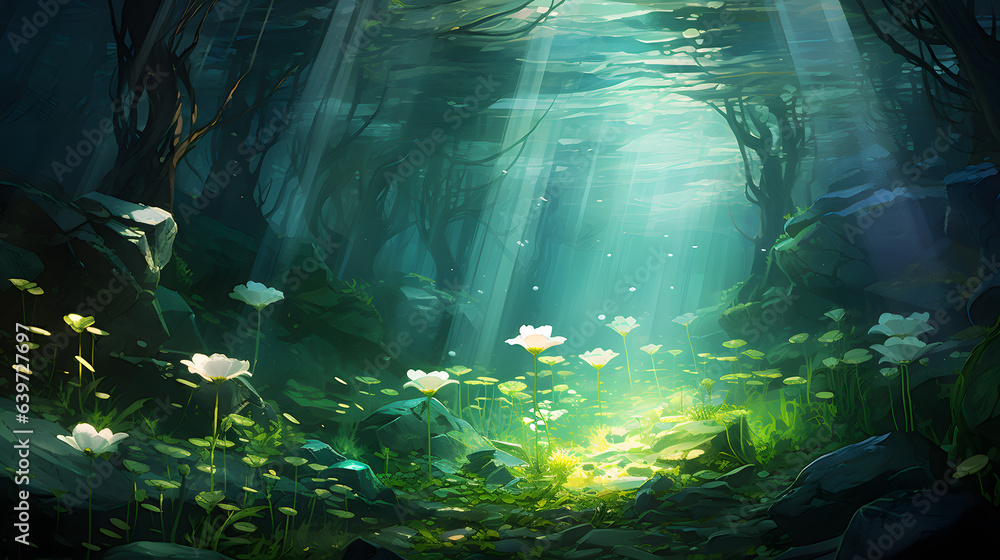 there is a painting of a forest with flowers and rocks Generative AI there is a painting of a forest with flowers and rocks Generative AI