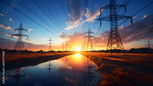arafed power lines and power poles in a field at sunset Generative AI