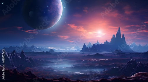 arafed view of a planet with a mountain range and a distant sky Generative AI