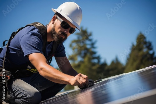 A worker with sunglasses on is installing a solar panel roofing