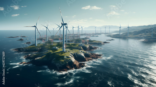 arafed view of a wind farm on a small island in the ocean Generative AI