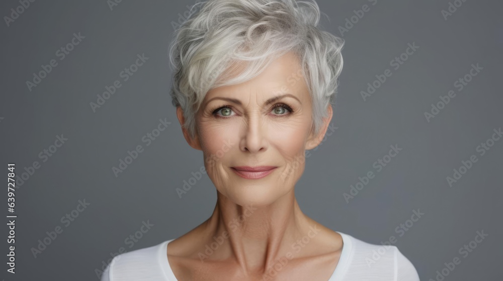 Beautiful 50s mid aged mature woman looking at camera isolated on grey. Mature old lady close up portrait. Healthy face skin care beauty