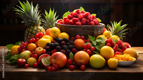 there is a large pile of fruit on a table with a pineapple Generative AI