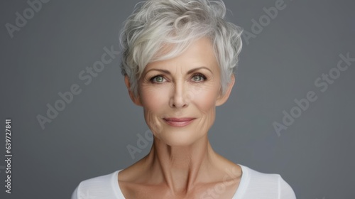 Beautiful 50s mid aged mature woman looking at camera isolated on grey. Mature old lady close up portrait. Healthy face skin care beauty