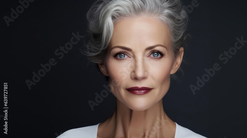 Beautiful 50s mid aged mature woman looking at camera isolated on grey. Mature old lady close up portrait. Healthy face skin care beauty
