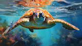 painting of a turtle swimming in the ocean with a coral reef in the background Generative AI