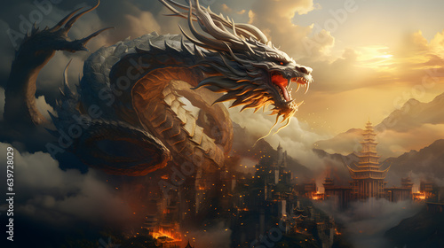there is a dragon that is in the sky with a city in the background Generative AI © GestureShot