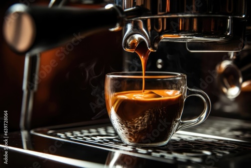 Close up view of espresso pouring from espresso machine professional coffee brewing