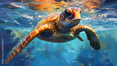 painting of a turtle swimming in the ocean with a blue background Generative AI