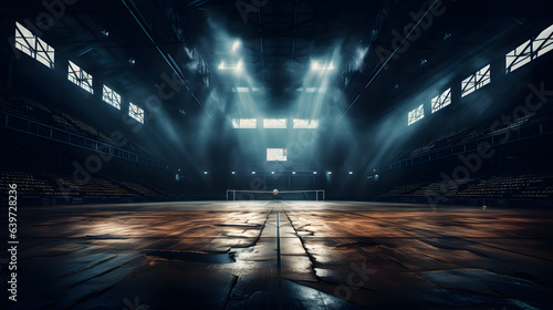 arafed empty basketball court with lights shining through the windows Generative AI