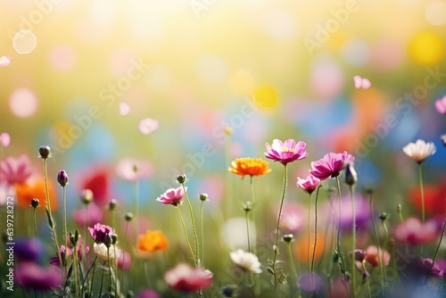 Colorful flower meadow with sunbeams and bokeh lights in summer