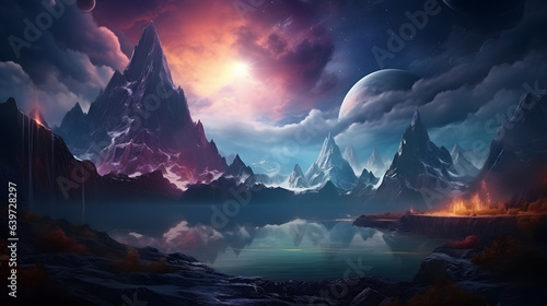 mountains and a lake in the middle of a landscape with a full moon Generative AI