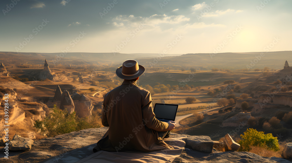 araffe sitting on a rock with a laptop in his lap Generative AI