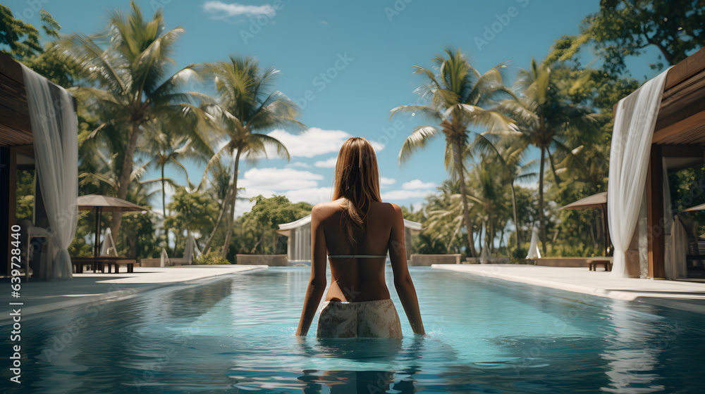 there is a woman that is standing in the water in a pool Generative AI