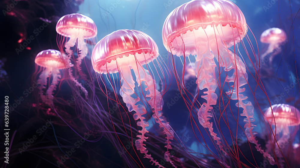 jellyfishs floating in a sea of water with a bright light Generative AI jellyfishs floating in a sea of water with a bright light Generative AI