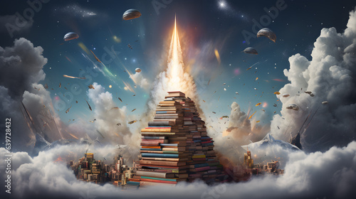 there is a tall tower of books in the sky with a rocket coming out of it Generative AI photo