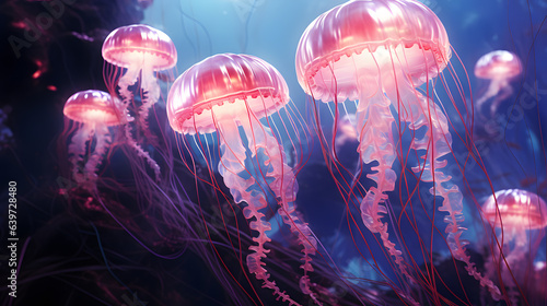 jellyfishs floating in a sea of water with a bright light Generative AI