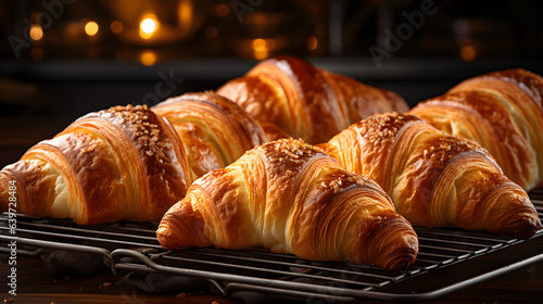 four croissants on a cooling rack on a table Generative AI
