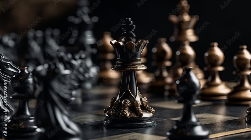 Chess game king. Black king winner surrounded with black gold chess piece. Created with Generative AI technology. Chess game king. Black king winner surrounded with black gold chess piece. Created with Generative AI technology.