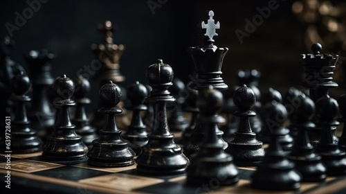 Chess game king. Black king winner surrounded with black gold chess piece. Created with Generative AI technology.