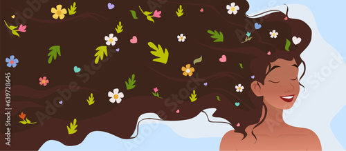 Happy woman with leaves and flowers in her hair on light blue background, vector illustration. State of mindfulness