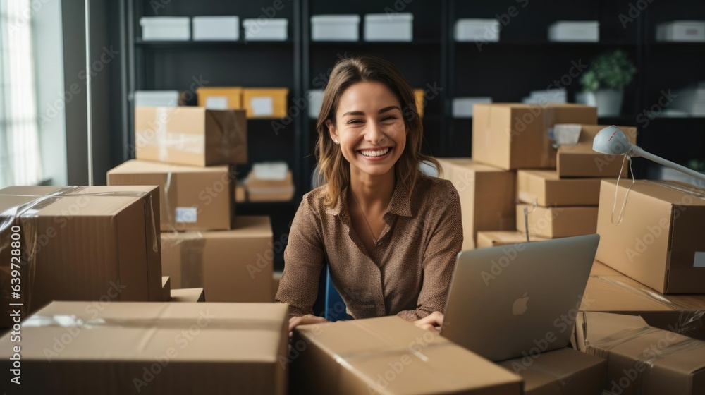 Smiling female ebay seller boxes and packing tape all around her working on her laptop Smiling female ebay seller boxes and packing tape all around her working on her laptop