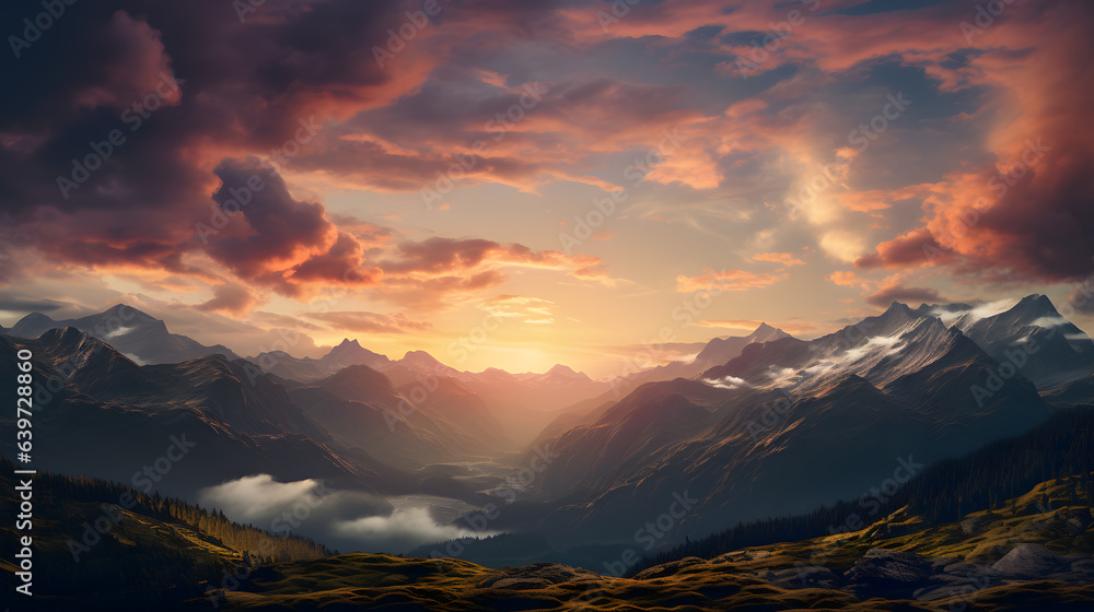 mountains with a valley and a sunset in the background Generative AI