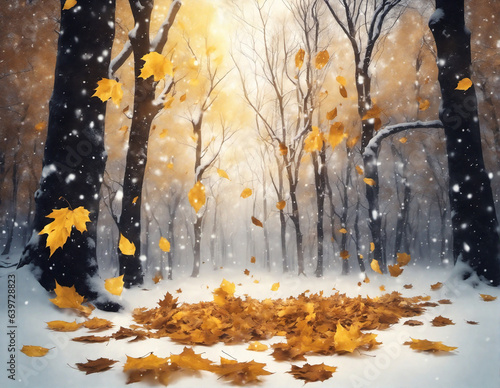 Beautiful natural autumn background with forest and falling orange leafs, snow