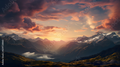 mountains with a valley and a sunset in the background Generative AI
