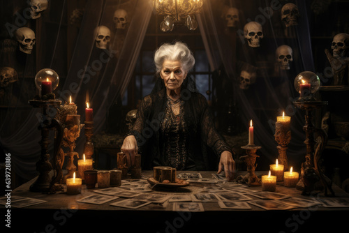 Old woman witch tarot card reading on the table in dark room Generative AI