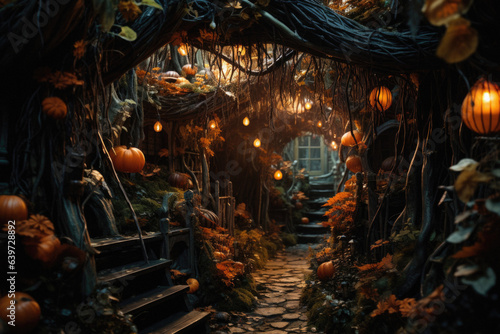 Halloween spooky background, scary pumpkins in old big creepy Happy Haloween ghosts horror house evil haunted castle scene. Creepy dark gothic mysterious night dark backdrop concept. 