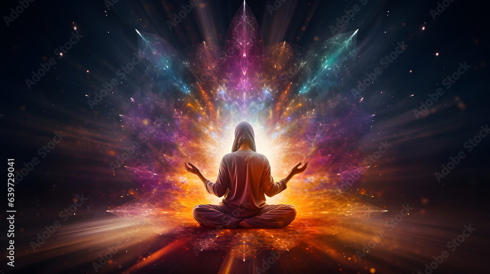 arafed image of a person sitting in a lotus position with their hands in the air Generative AI arafed image of a person sitting in a lotus position with their hands in the air Generative AI
