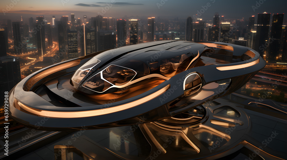futuristic flying car with a futuristic interior in a city at night Generative AI
