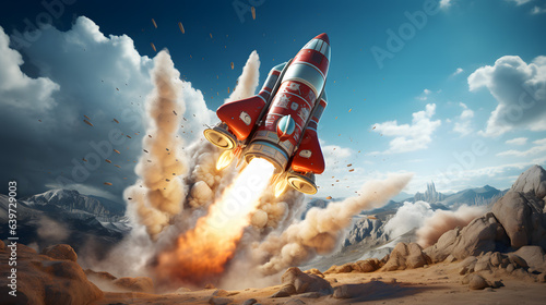 there is a red and white rocket flying through the air Generative AI photo