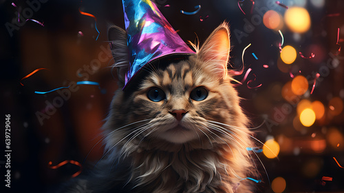 araffe cat wearing a party hat with confetti around it Generative AI