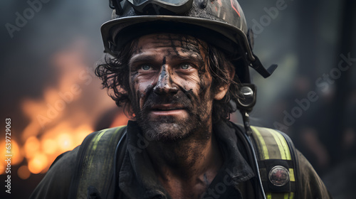 arafed firefighter with goggles and a helmet on in front of a fire Generative AI © GestureShot