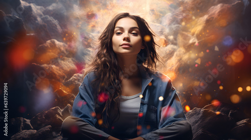 arafed woman sitting in a meditation position in front of a cloud filled sky Generative AI