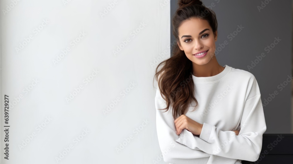beautiful woman wearing a plain sweatshirt standing in front white wall with modern decor in the background in a happy mood beautiful woman wearing a plain sweatshirt standing in front white wall with modern decor in the background in a happy mood