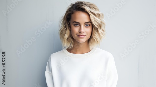  beautiful woman wearing a plain sweatshirt standing in front white wall with modern decor in the background in a happy mood