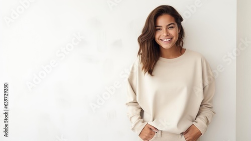  beautiful woman wearing a plain tan sweatshirt standing in front white wall with modern decor in the background in a happy mood