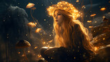 blond woman with golden hair sitting on rock with glowing mushrooms Generative AI