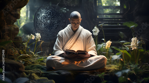 arafed monk sitting in a meditation position reading a book Generative AI