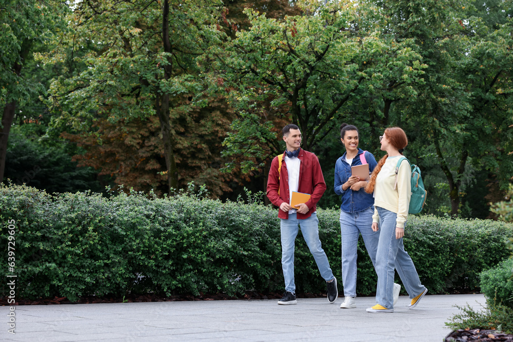 Fototapeta premium Happy young students walking together in park