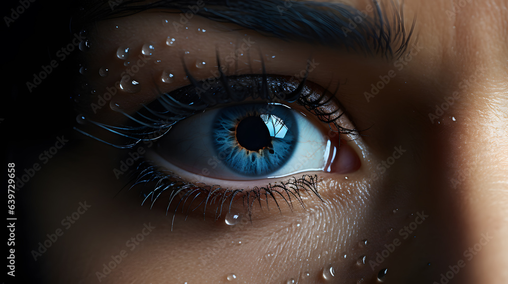 there is a close up of a woman's eye with water droplets on it Generative AI there is a close up of a woman's eye with water droplets on it Generative AI