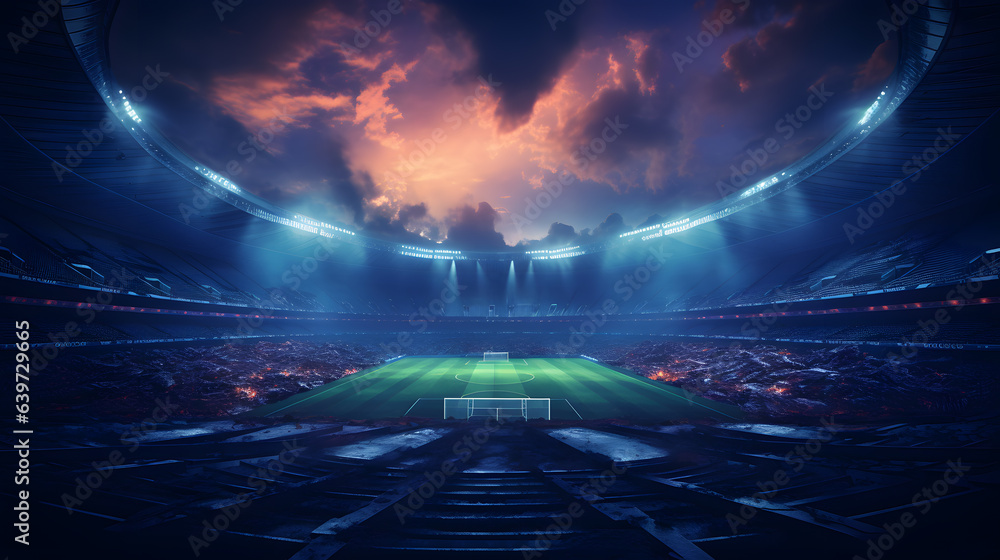 arafed view of a soccer stadium with a soccer field and a dramatic sky Generative AI - obrazy, fototapety, plakaty 