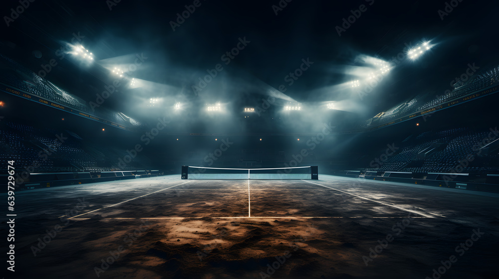 arafed tennis court with lights and a net in the middle Generative AI - obrazy, fototapety, plakaty 